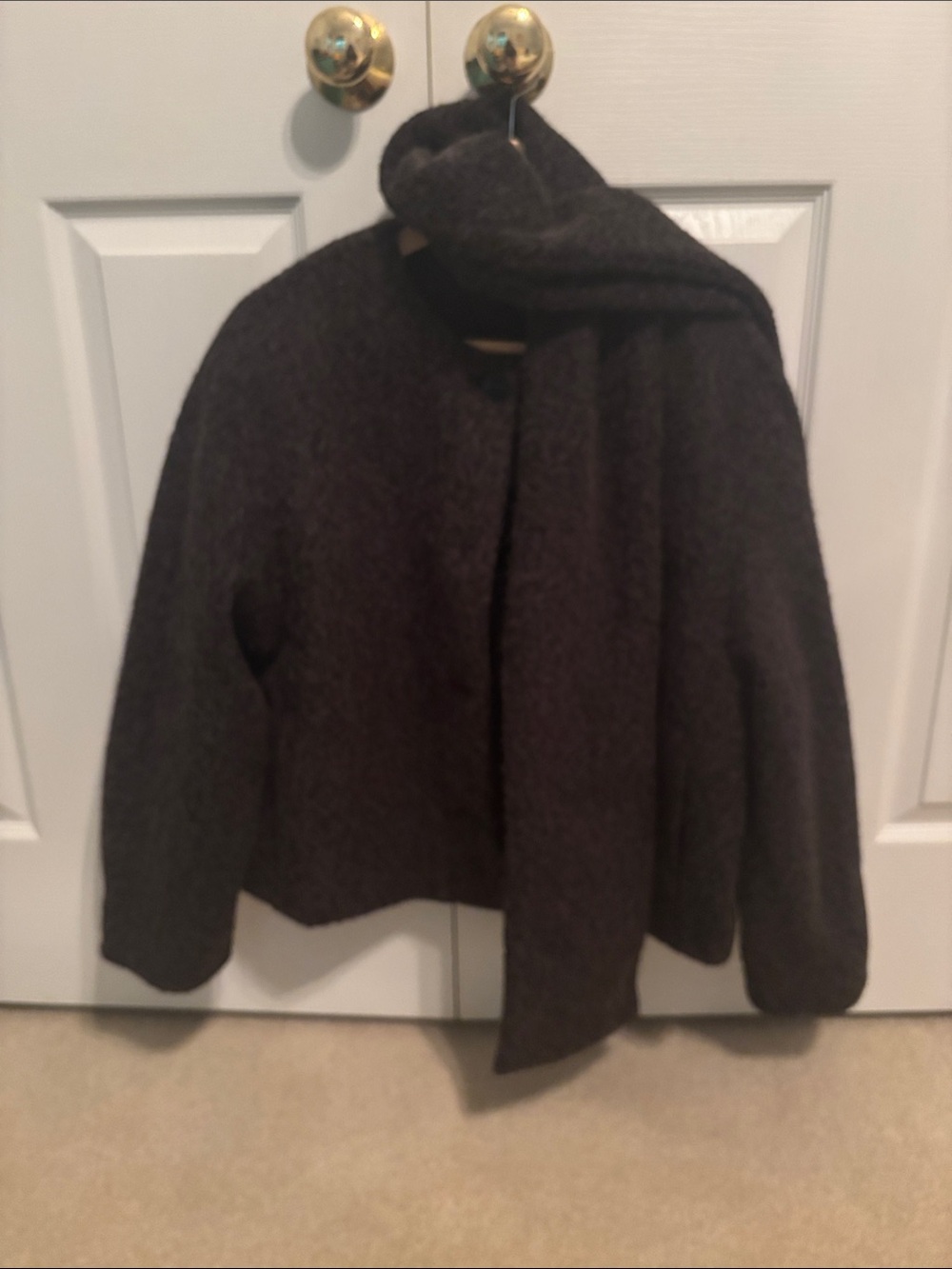 Zara Dark Brown Wool-Blend Pea Coat with Attached Scarf